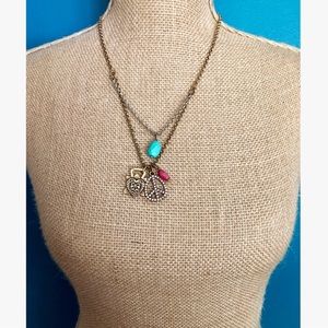Lucky Brand Bronze & Silver Necklace Turquoise + Peace Sign Charm